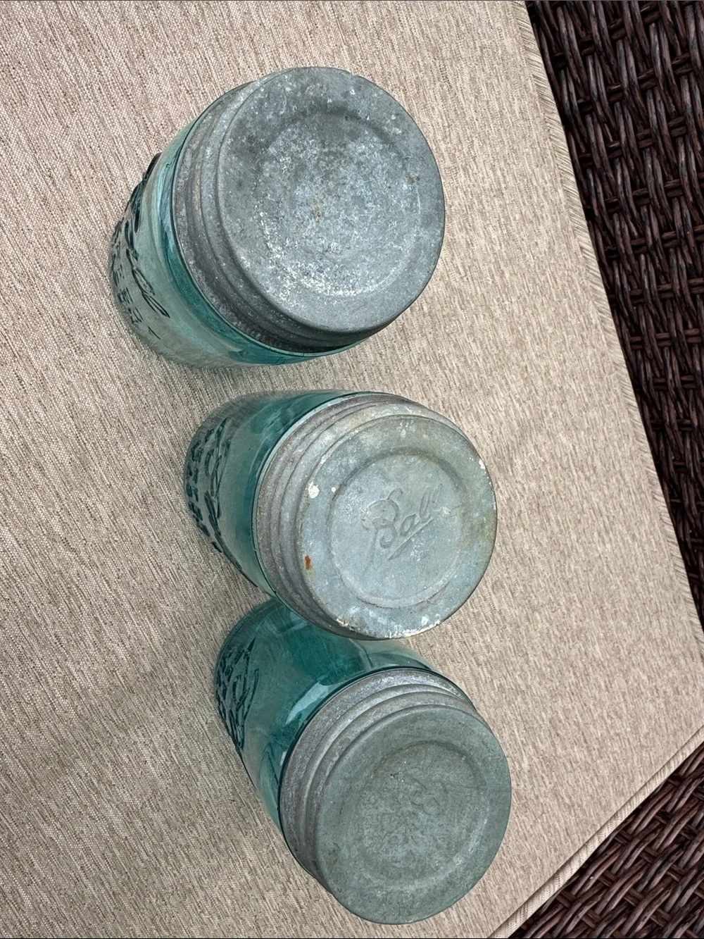 3 antique Pint Ball Perfect Aqua Blue Mason Jars with Zinc Porcelain Lids
